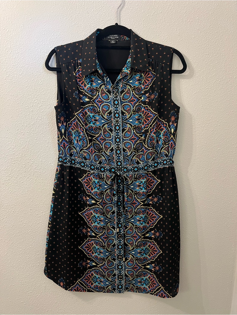 Tahari Arthur S. Levine Black Paisley Print Sleeveless Shirt Dress